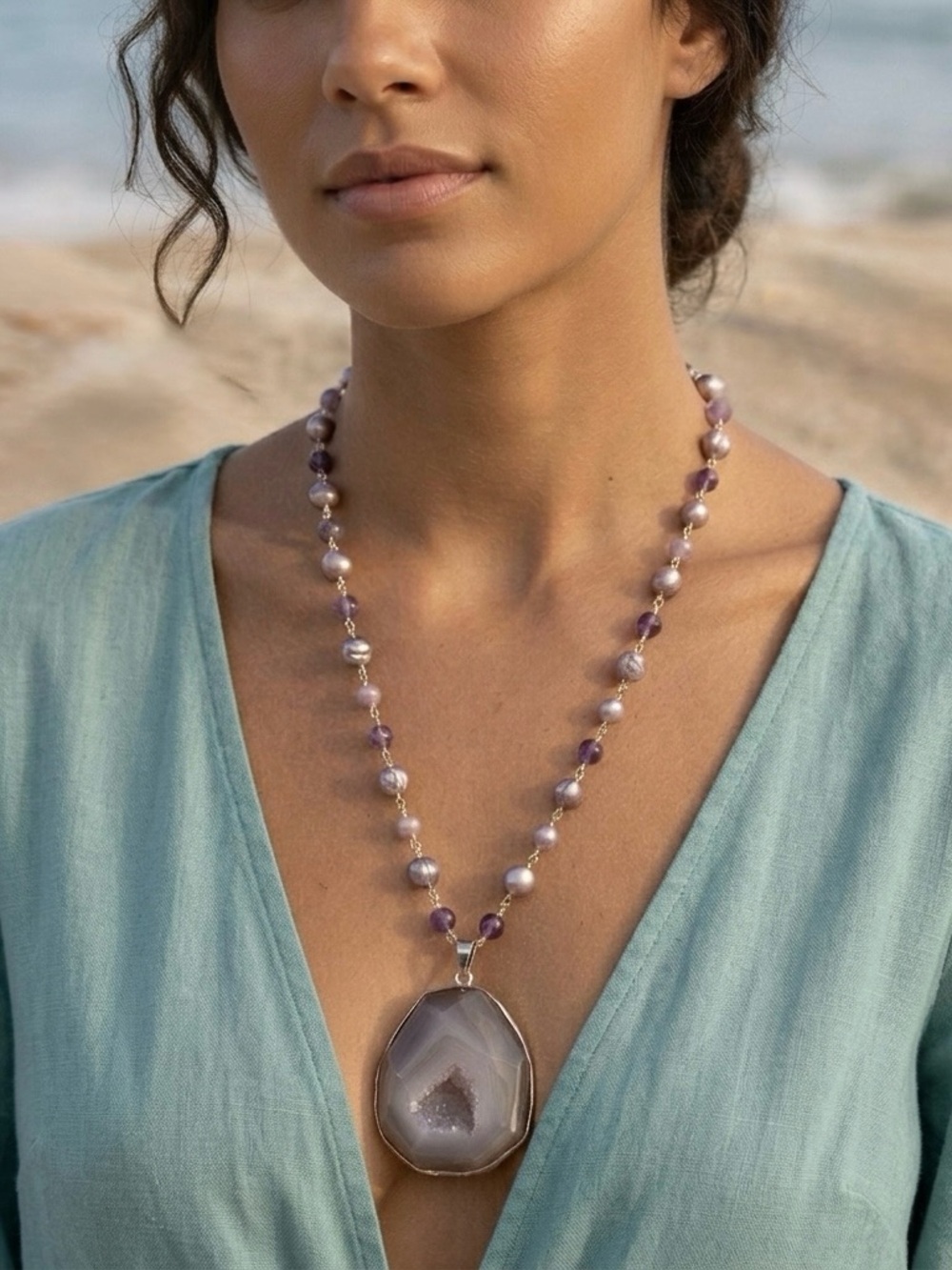 Genuine Lavender Pearl & Amethyst Beaded Necklace with Druzy Agate Pendant